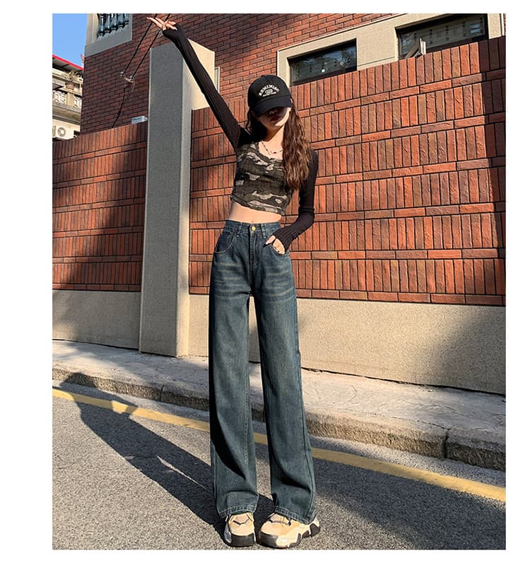 u 글꼴 주머니 물 말 넓은 다리 청바지 여성 배색 레트로 털이 있고 두꺼운 하이웨이스트 좁은 에디션 루즈핏 스트레이트 상세 이미지 24