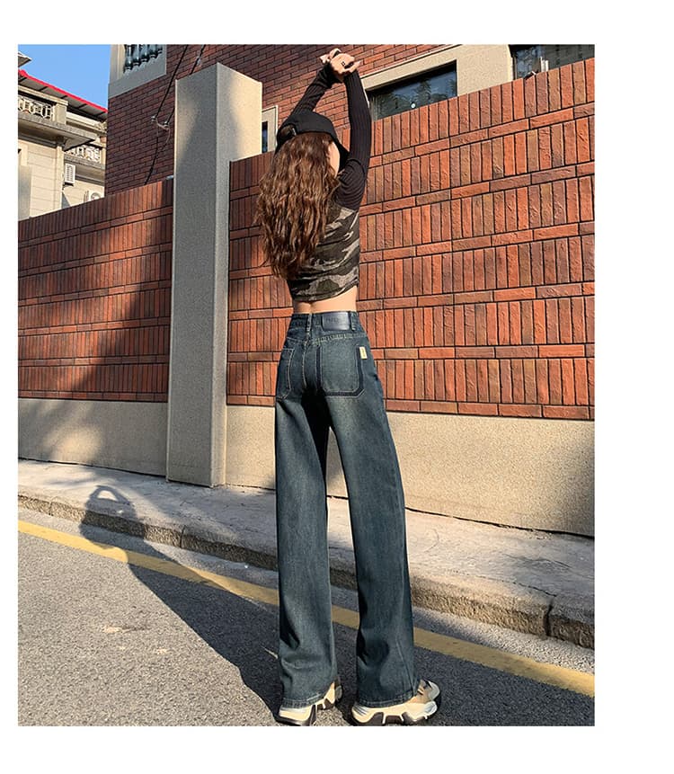 u 글꼴 주머니 물 말 넓은 다리 청바지 여성 배색 레트로 털이 있고 두꺼운 하이웨이스트 좁은 에디션 루즈핏 스트레이트 상세 이미지 25