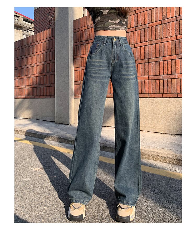 u 글꼴 주머니 물 말 넓은 다리 청바지 여성 배색 레트로 털이 있고 두꺼운 하이웨이스트 좁은 에디션 루즈핏 스트레이트 상세 이미지 26