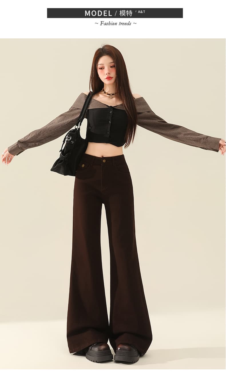 커피 색상 아니요 막대기 다리 부츠컷 청바지 여성 가을 겨울 폭발 배 종류 하이웨이스트 슬림해 보이는 루즈핏 넓은 다리 바닥 청소 나팔 바지 상세 이미지 15
