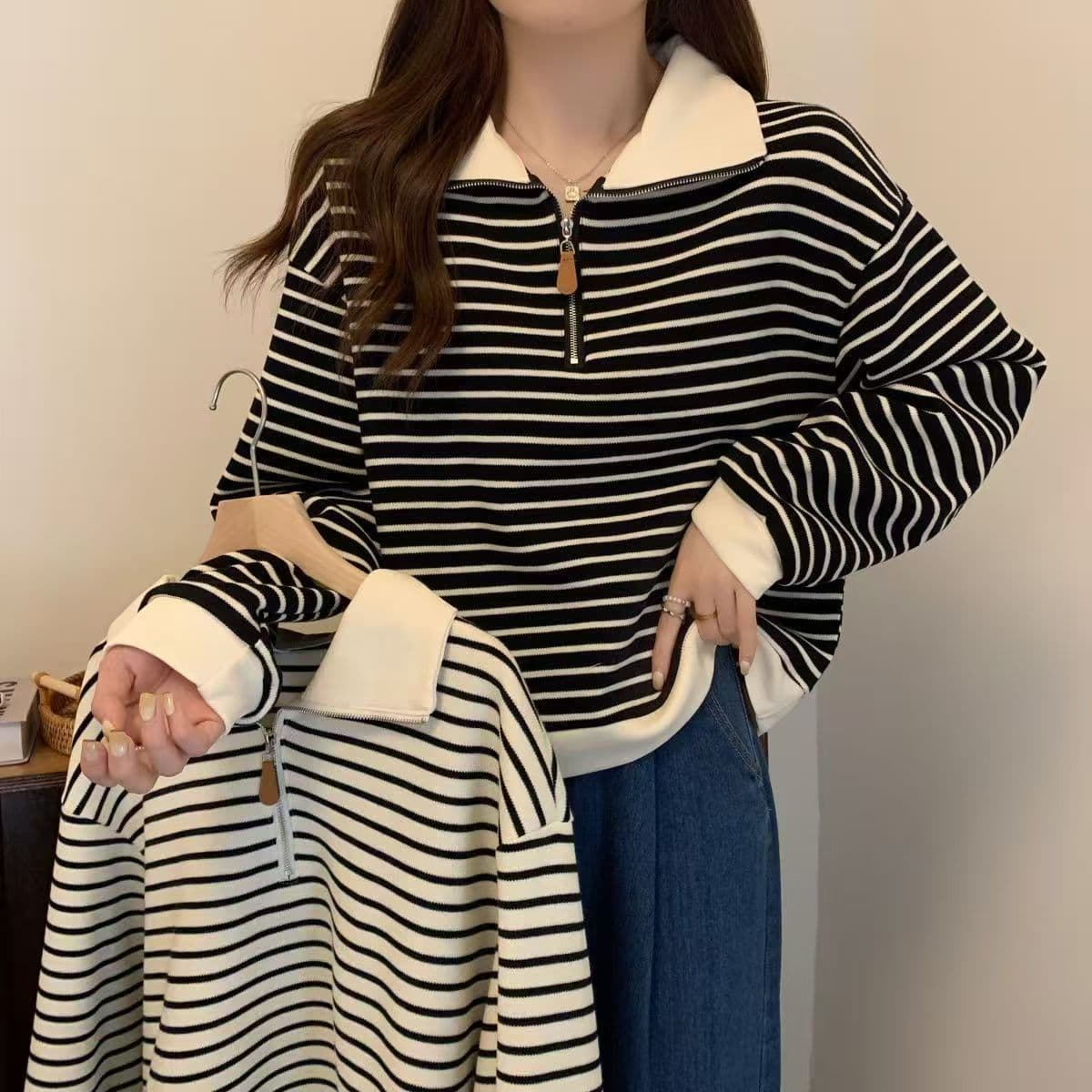 빅 사이즈 지방 mm 아메리칸 스트라이프 POLO 칼라 긍정적 인 어깨 후드티 여성 가을 새로운 루즈핏 하프 지퍼 긴팔 맨위 트렌디 상세 이미지 2