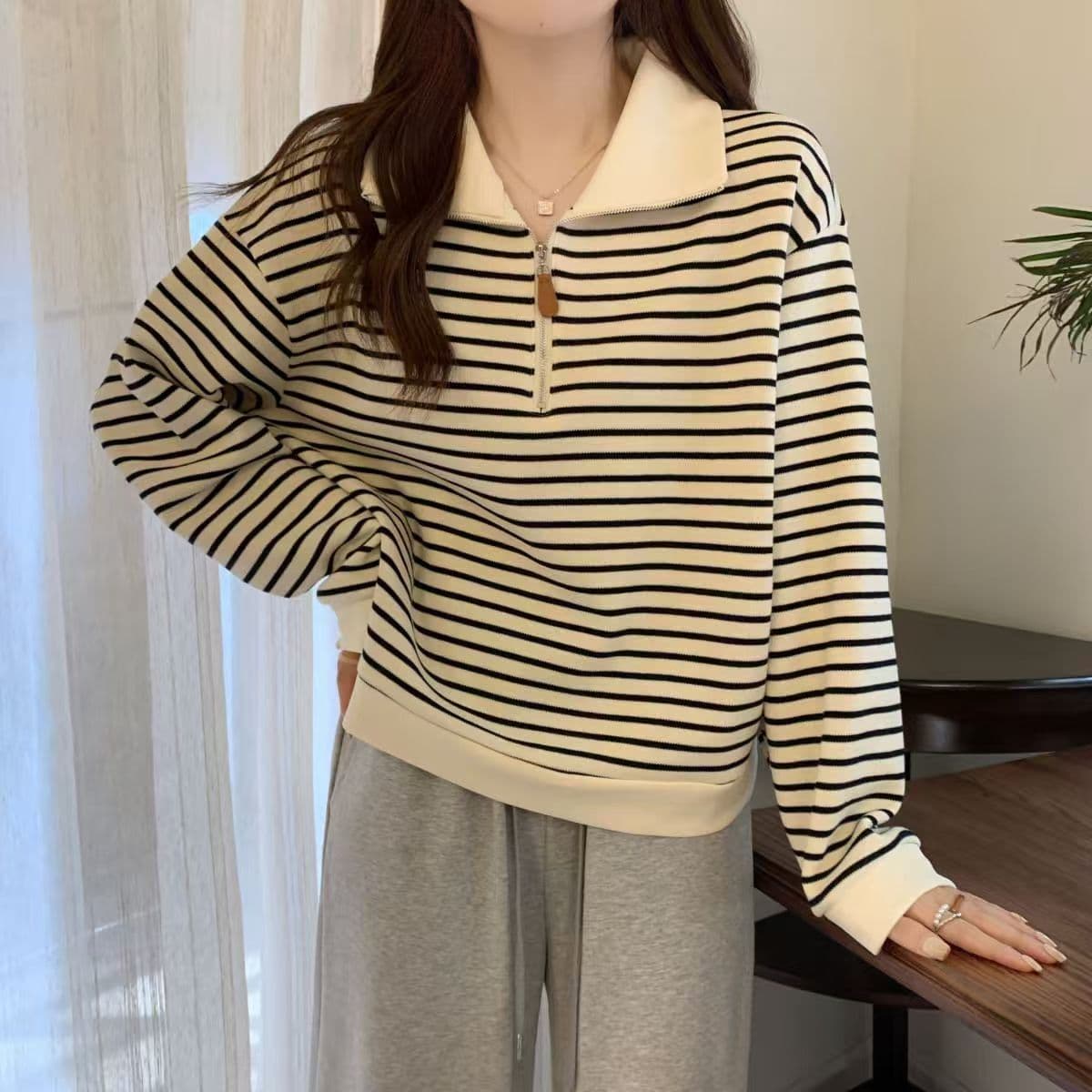 빅 사이즈 지방 mm 아메리칸 스트라이프 POLO 칼라 긍정적 인 어깨 후드티 여성 가을 새로운 루즈핏 하프 지퍼 긴팔 맨위 트렌디 상세 이미지 7