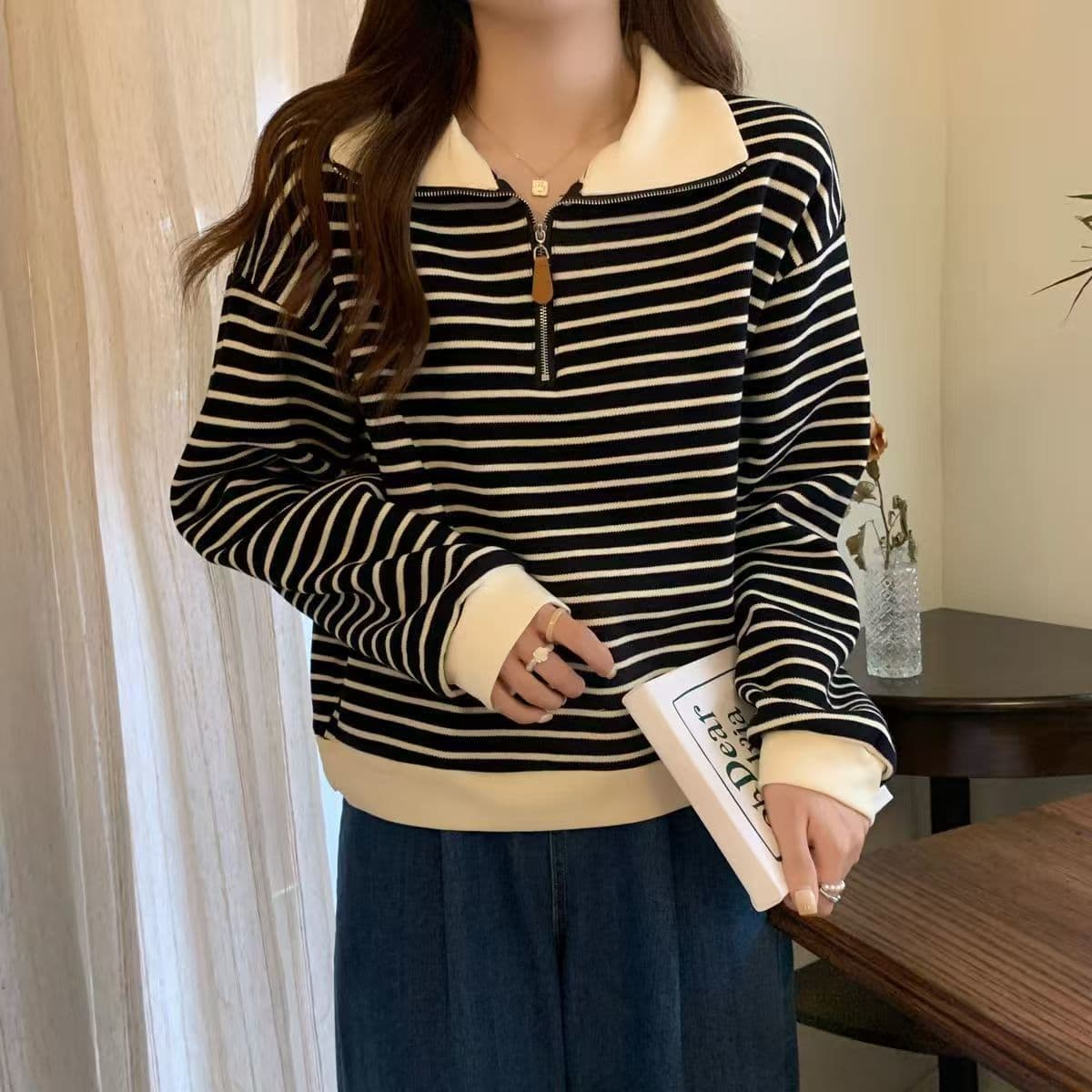 빅 사이즈 지방 mm 아메리칸 스트라이프 POLO 칼라 긍정적 인 어깨 후드티 여성 가을 새로운 루즈핏 하프 지퍼 긴팔 맨위 트렌디 상세 이미지 14