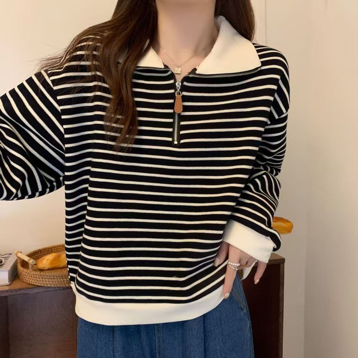 빅 사이즈 지방 mm 아메리칸 스트라이프 POLO 칼라 긍정적 인 어깨 후드티 여성 가을 새로운 루즈핏 하프 지퍼 긴팔 맨위 트렌디 상세 이미지 15