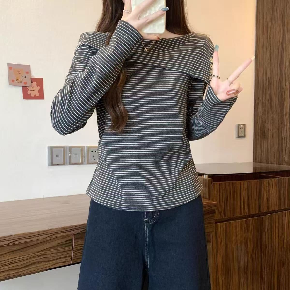 빅 사이즈 De 플러시 디자인 센스 보트넥 스트라이프 긴팔 티셔츠 여성 가을 겨울철 새로운 지방 mm 슬림해 보이는 외출용 맨위 상세 이미지 4