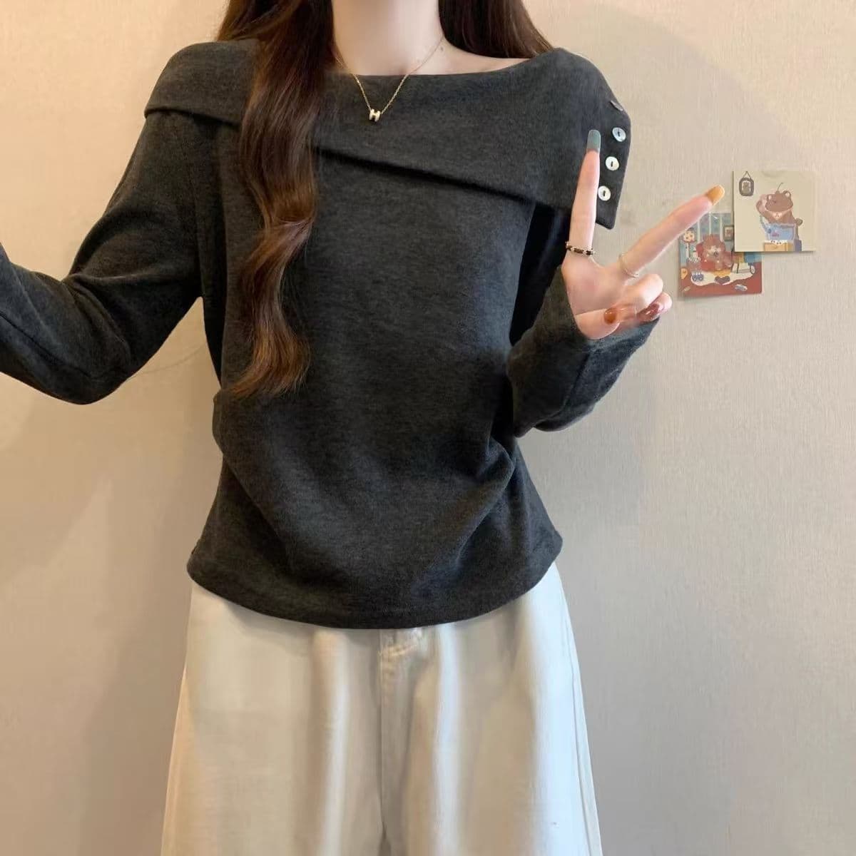 빅 사이즈 De 플러시 디자인 센스 보트넥 스트라이프 긴팔 티셔츠 여성 가을 겨울철 새로운 지방 mm 슬림해 보이는 외출용 맨위 상세 이미지 7