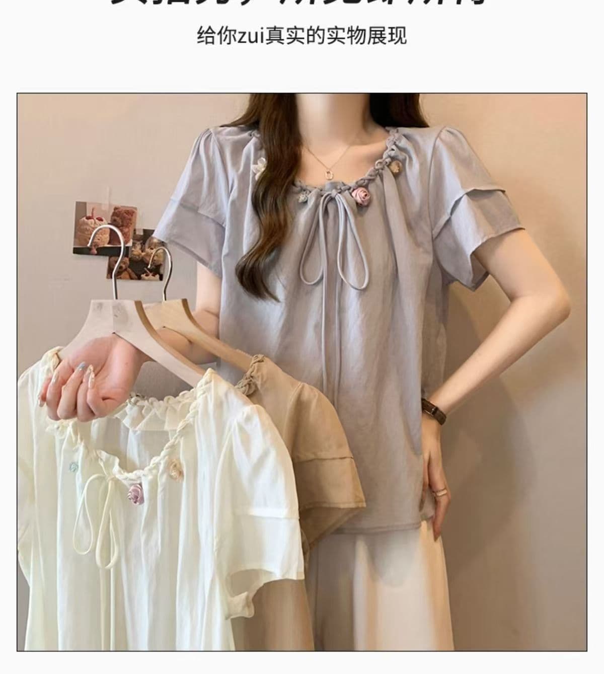 2-300 근 빅 사이즈 3 차원 꽃 쉬폰 반팔 티셔츠 여성 여름 새로운 지방 mm 루즈핏 슬림해 보이는 표지 고기 맨위 상세 이미지 6