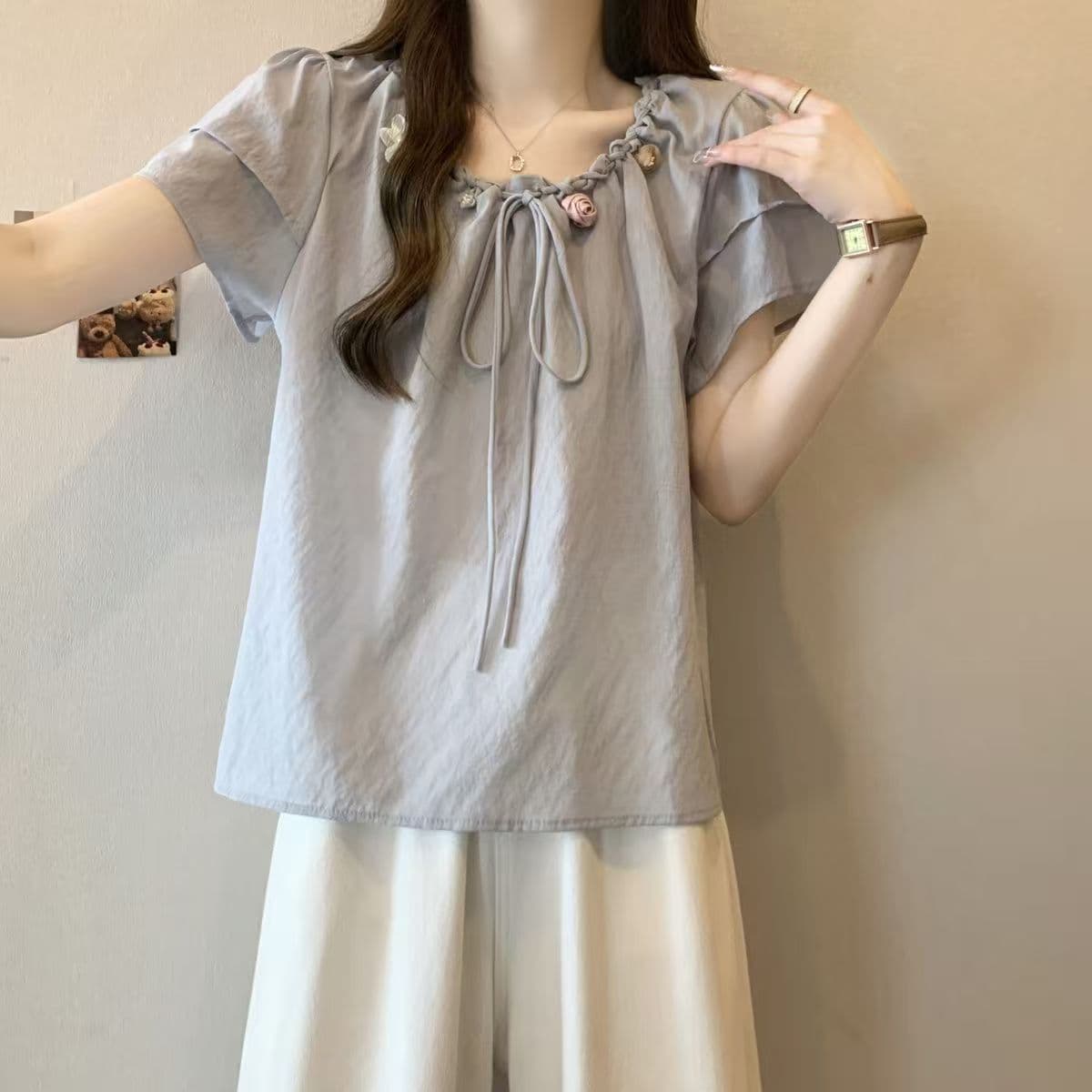 2-300 근 빅 사이즈 3 차원 꽃 쉬폰 반팔 티셔츠 여성 여름 새로운 지방 mm 루즈핏 슬림해 보이는 표지 고기 맨위 상세 이미지 10