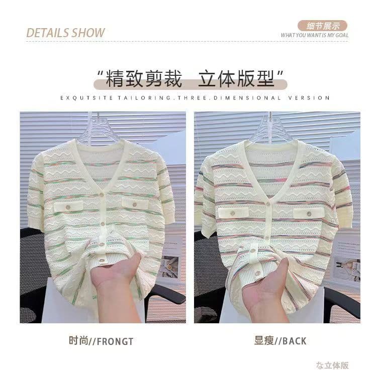 스트라이프 여성 의류 여름 얼음 실크 상쾌 통기성 홀로우 아웃 니트 스웨터 작은 샤넬 스타일 다용도 얇은 스타일 V넥 루즈핏 맨위 상세 이미지 5