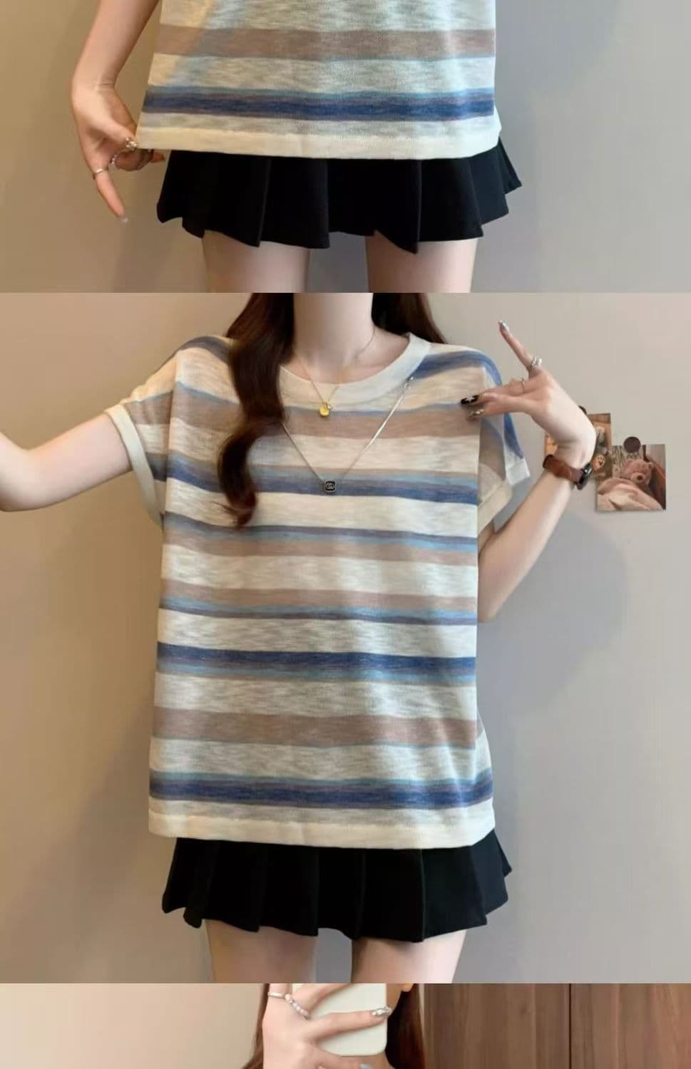 빅 사이즈 통통한 여동생 항구 바람 레트로 스트라이프 반팔 티셔츠 여성 2026 여름 새로운 슬림해 보이는 루즈핏 맨위 표지 배 상세 이미지 12