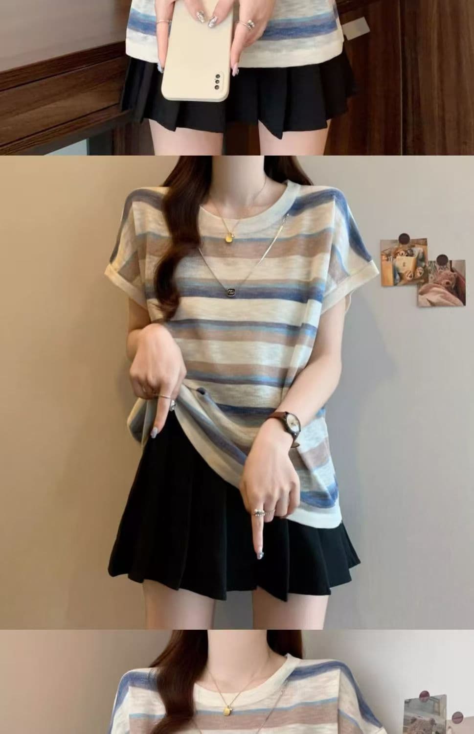 빅 사이즈 통통한 여동생 항구 바람 레트로 스트라이프 반팔 티셔츠 여성 2026 여름 새로운 슬림해 보이는 루즈핏 맨위 표지 배 상세 이미지 14