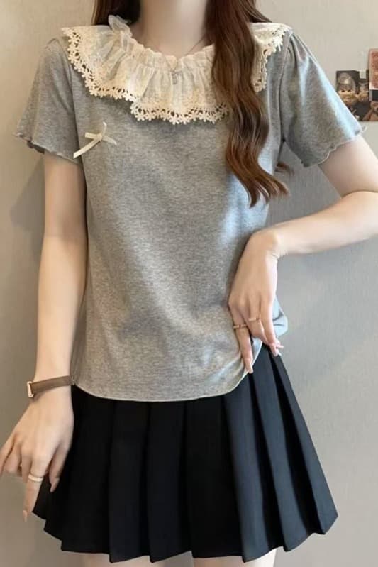 한 부서 chic 레이스 조각 긍정적 인 어깨 반팔 티셔츠 여성 여름 새로운 작은 키 몸매 가꾸기 쇼트 스타일 만나는 맨위 이미지 6