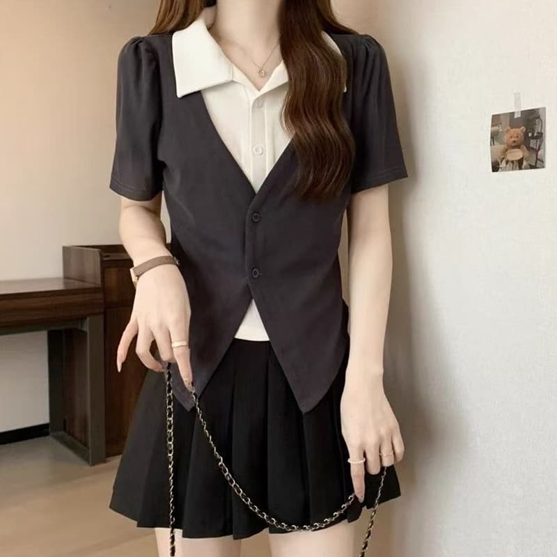 빅 사이즈 페이크 레이어드 POLO 칼라 반팔 티셔츠 여성 여름 디자인 센스 지방 mm 쇼트 스타일 레트로 슬림해 보이는 표지 고기 맨위