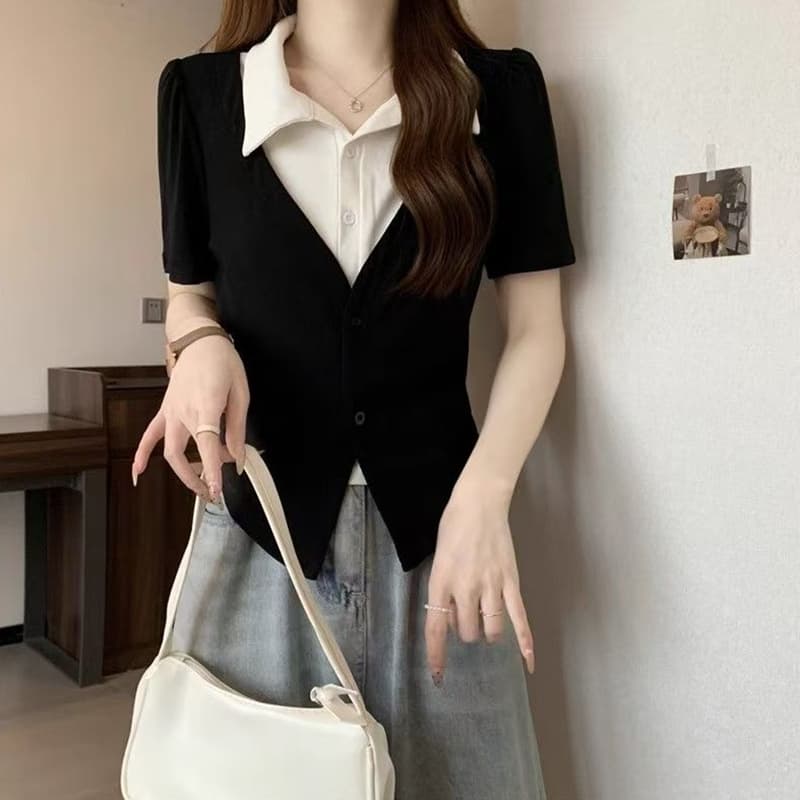 빅 사이즈 페이크 레이어드 POLO 칼라 반팔 티셔츠 여성 여름 디자인 센스 지방 mm 쇼트 스타일 레트로 슬림해 보이는 표지 고기 맨위 이미지 2