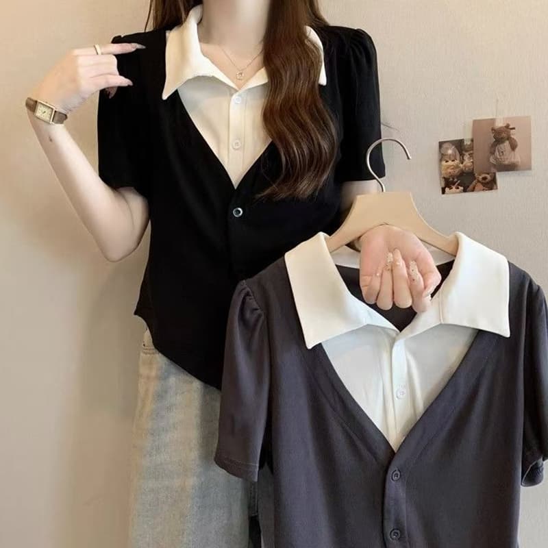 빅 사이즈 페이크 레이어드 POLO 칼라 반팔 티셔츠 여성 여름 디자인 센스 지방 mm 쇼트 스타일 레트로 슬림해 보이는 표지 고기 맨위 이미지 3