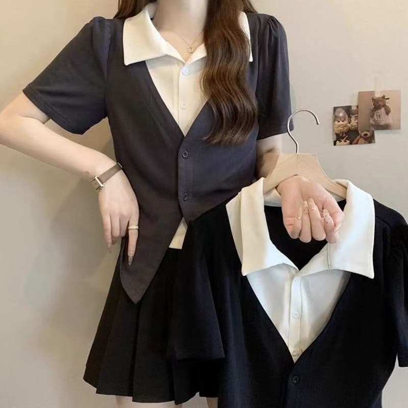 빅 사이즈 페이크 레이어드 POLO 칼라 반팔 티셔츠 여성 여름 디자인 센스 지방 mm 쇼트 스타일 레트로 슬림해 보이는 표지 고기 맨위 이미지 4