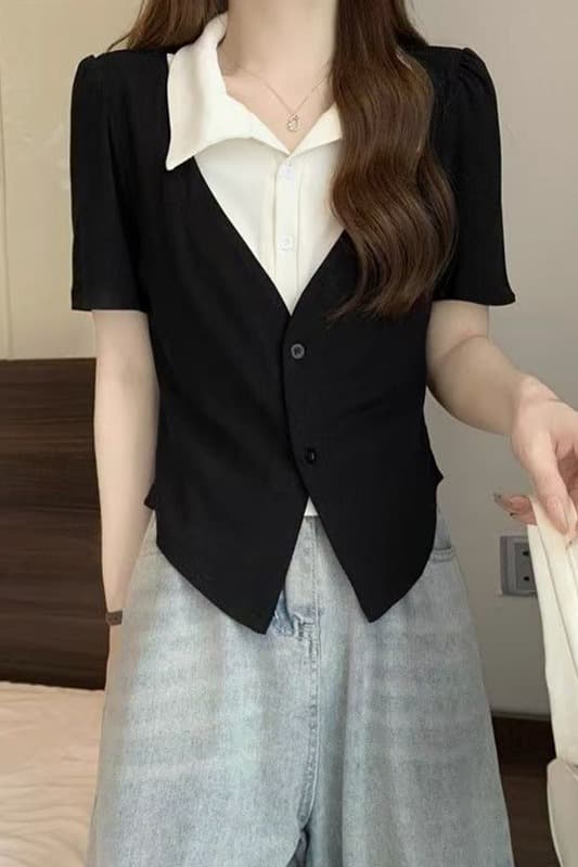 빅 사이즈 페이크 레이어드 POLO 칼라 반팔 티셔츠 여성 여름 디자인 센스 지방 mm 쇼트 스타일 레트로 슬림해 보이는 표지 고기 맨위 이미지 6