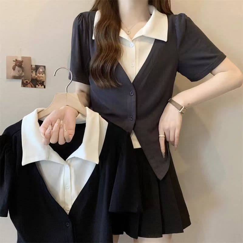 빅 사이즈 페이크 레이어드 POLO 칼라 반팔 티셔츠 여성 여름 디자인 센스 지방 mm 쇼트 스타일 레트로 슬림해 보이는 표지 고기 맨위 상세 이미지 1