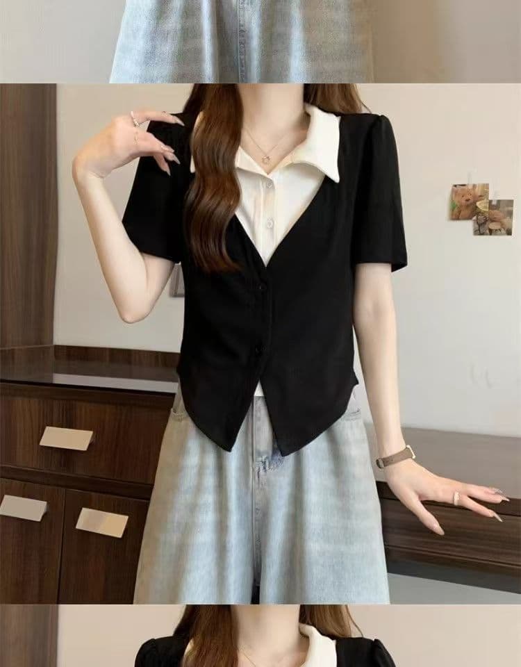 빅 사이즈 페이크 레이어드 POLO 칼라 반팔 티셔츠 여성 여름 디자인 센스 지방 mm 쇼트 스타일 레트로 슬림해 보이는 표지 고기 맨위 상세 이미지 6