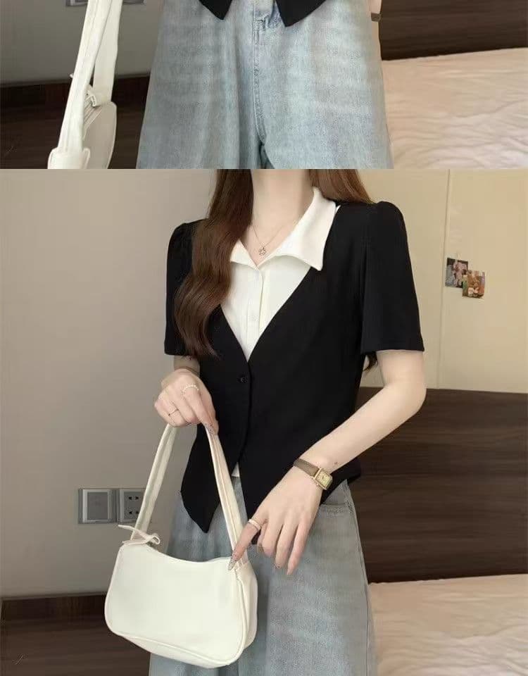 빅 사이즈 페이크 레이어드 POLO 칼라 반팔 티셔츠 여성 여름 디자인 센스 지방 mm 쇼트 스타일 레트로 슬림해 보이는 표지 고기 맨위 상세 이미지 9