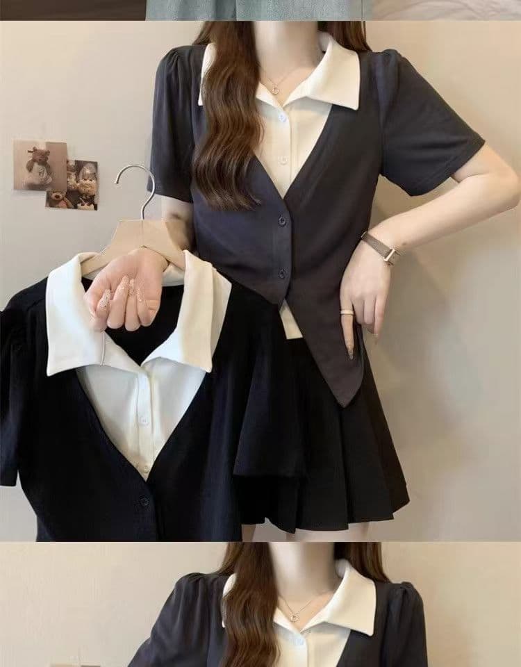 빅 사이즈 페이크 레이어드 POLO 칼라 반팔 티셔츠 여성 여름 디자인 센스 지방 mm 쇼트 스타일 레트로 슬림해 보이는 표지 고기 맨위 상세 이미지 10