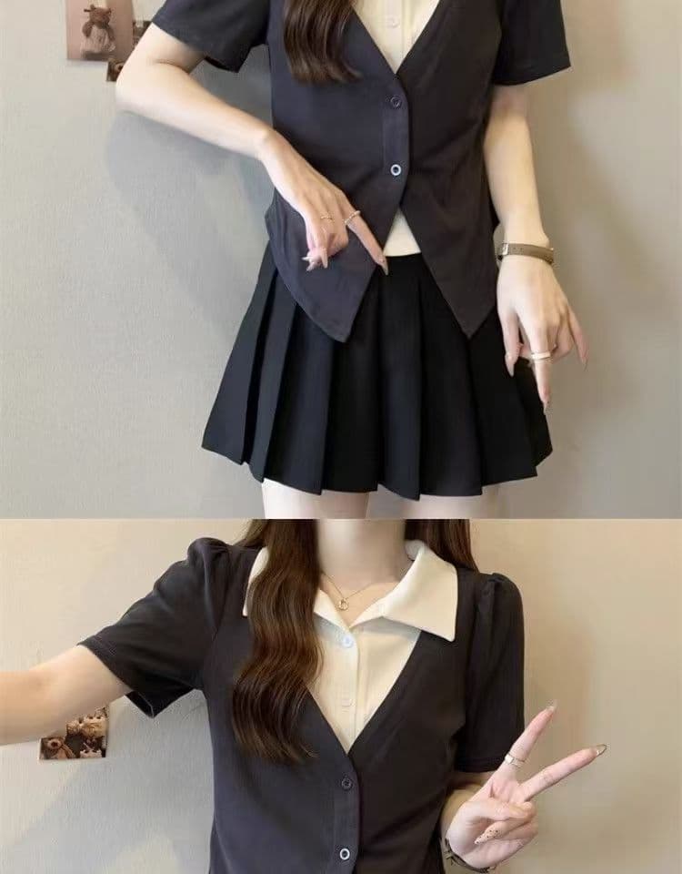 빅 사이즈 페이크 레이어드 POLO 칼라 반팔 티셔츠 여성 여름 디자인 센스 지방 mm 쇼트 스타일 레트로 슬림해 보이는 표지 고기 맨위 상세 이미지 11