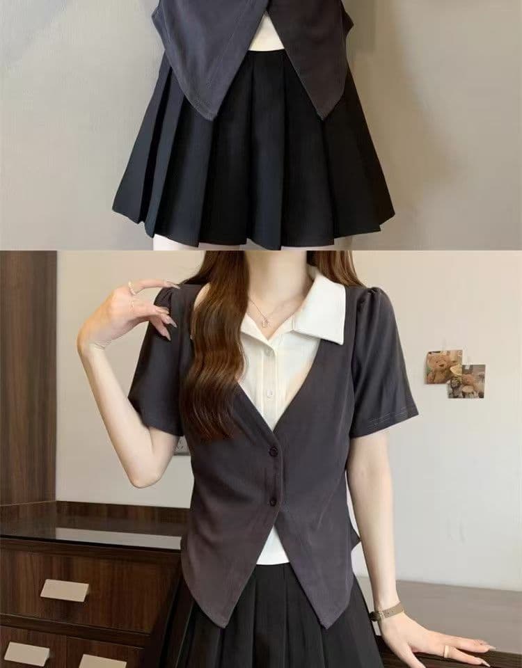 빅 사이즈 페이크 레이어드 POLO 칼라 반팔 티셔츠 여성 여름 디자인 센스 지방 mm 쇼트 스타일 레트로 슬림해 보이는 표지 고기 맨위 상세 이미지 12