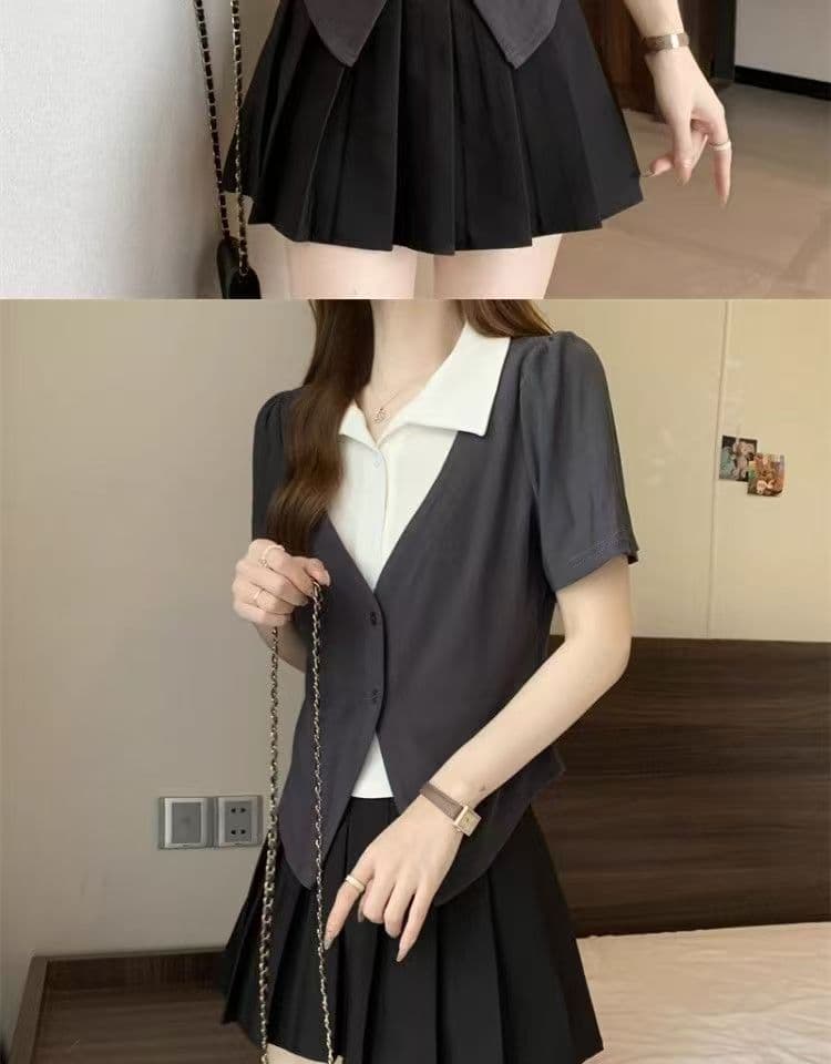 빅 사이즈 페이크 레이어드 POLO 칼라 반팔 티셔츠 여성 여름 디자인 센스 지방 mm 쇼트 스타일 레트로 슬림해 보이는 표지 고기 맨위 상세 이미지 16