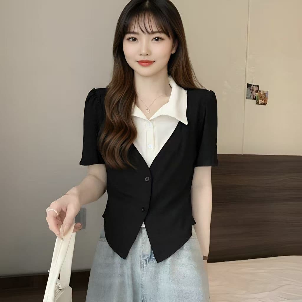 빅 사이즈 페이크 레이어드 POLO 칼라 반팔 티셔츠 여성 여름 디자인 센스 지방 mm 쇼트 스타일 레트로 슬림해 보이는 표지 고기 맨위 상세 이미지 18