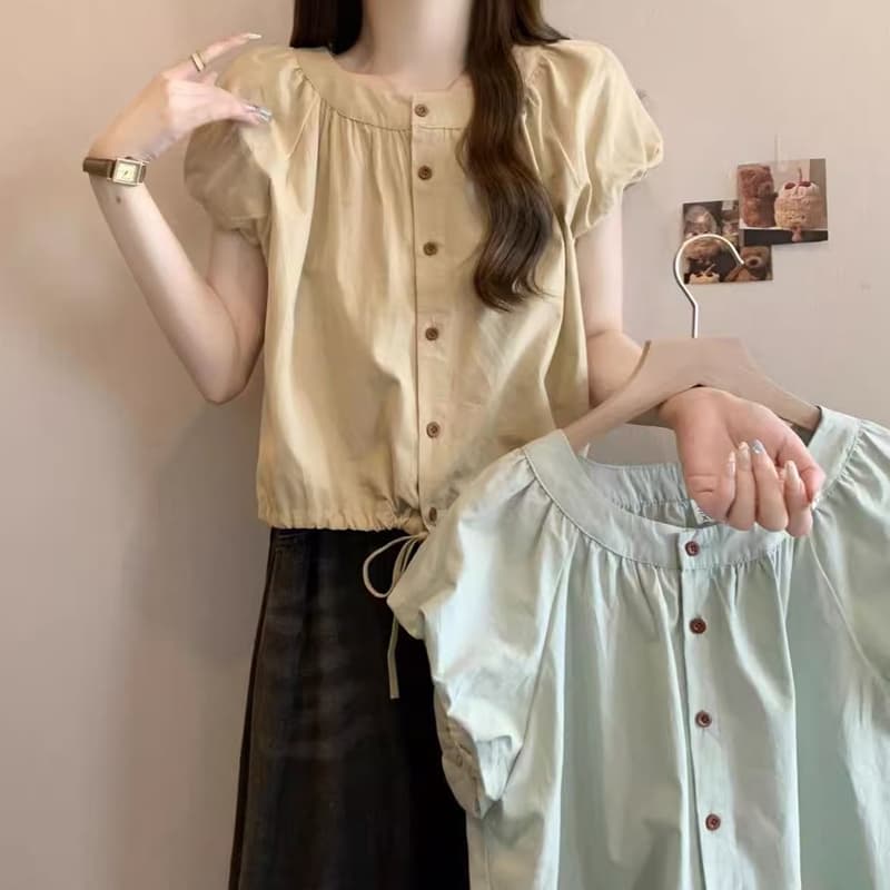 한 부서 달콤함 거품 소매 여성 셔츠 여름 디자인 센스 펌프 로프 반팔 셔츠 작은 청신 녹색 쇼트 스타일 맨위 이미지 3