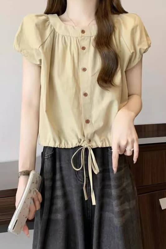 한 부서 달콤함 거품 소매 여성 셔츠 여름 디자인 센스 펌프 로프 반팔 셔츠 작은 청신 녹색 쇼트 스타일 맨위 이미지 6