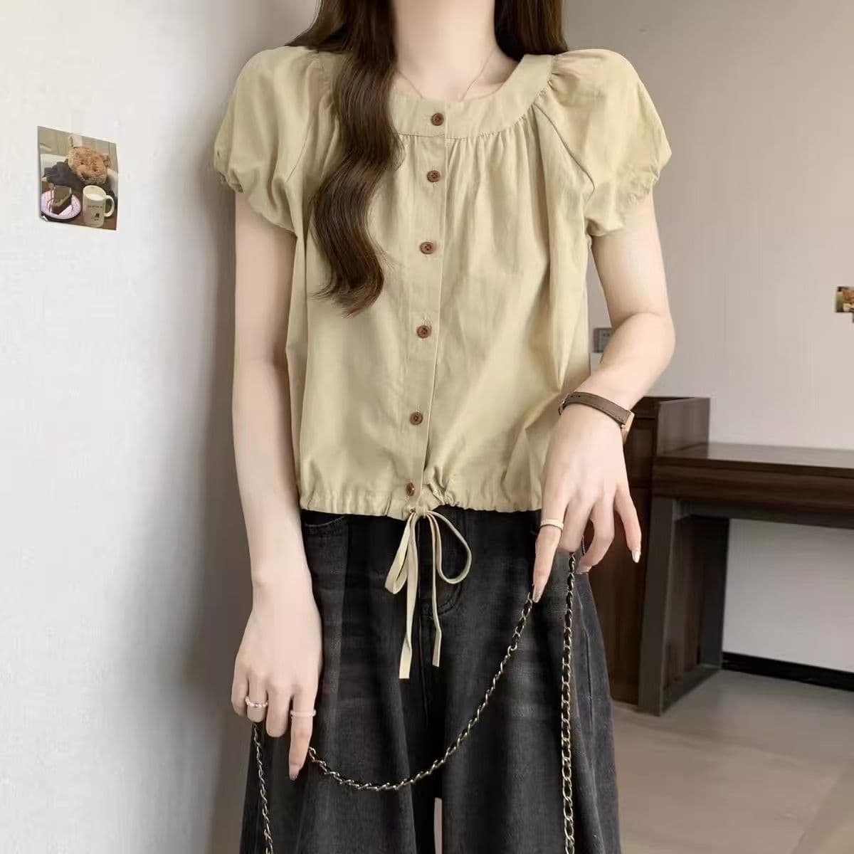한 부서 달콤함 거품 소매 여성 셔츠 여름 디자인 센스 펌프 로프 반팔 셔츠 작은 청신 녹색 쇼트 스타일 맨위 상세 이미지 5