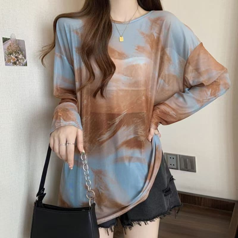 자외선 차단 티셔츠 여성 긴 소매 여름 얇은 스타일 외부 가져 가라. 망사 블라우스 슬림해 보이는 홀치기 염색 중간 길이 맨위 빅 사이즈 지방 mm 상세 이미지 9