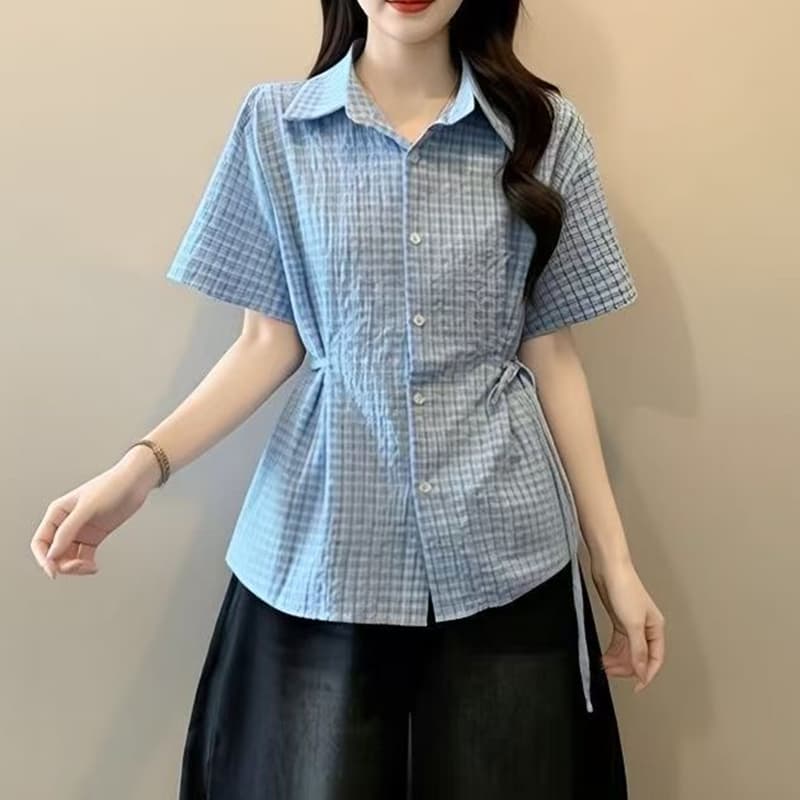 소금 부서 체크무늬 긍정적 인 어깨 반팔 여성 셔츠 2026 봄 여름 새로운 작은 셔츠 빅 사이즈 마이크로 지방 mm 스트랩 허리 수축 맨위 이미지 3