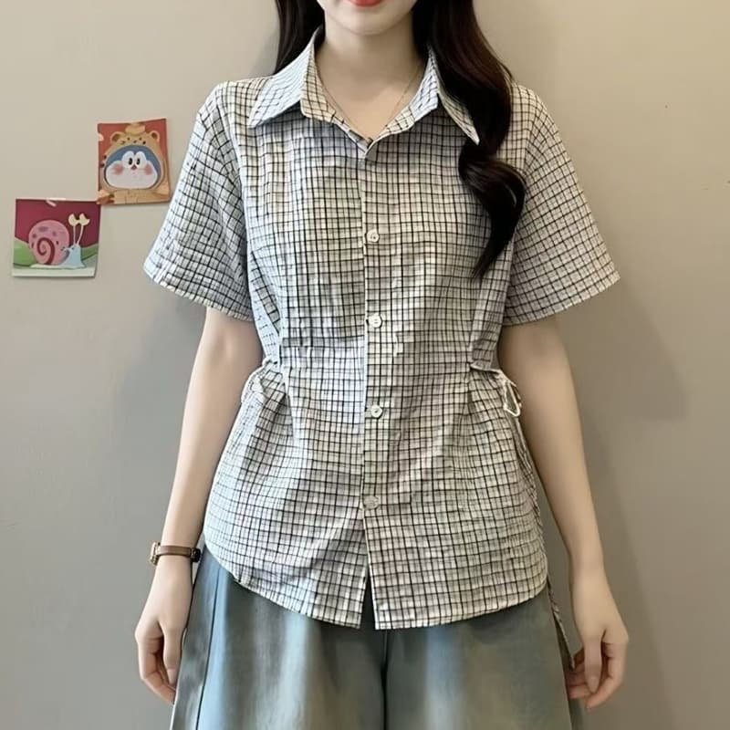 소금 부서 체크무늬 긍정적 인 어깨 반팔 여성 셔츠 2026 봄 여름 새로운 작은 셔츠 빅 사이즈 마이크로 지방 mm 스트랩 허리 수축 맨위 이미지 4