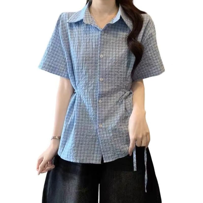 소금 부서 체크무늬 긍정적 인 어깨 반팔 여성 셔츠 2026 봄 여름 새로운 작은 셔츠 빅 사이즈 마이크로 지방 mm 스트랩 허리 수축 맨위 이미지 5
