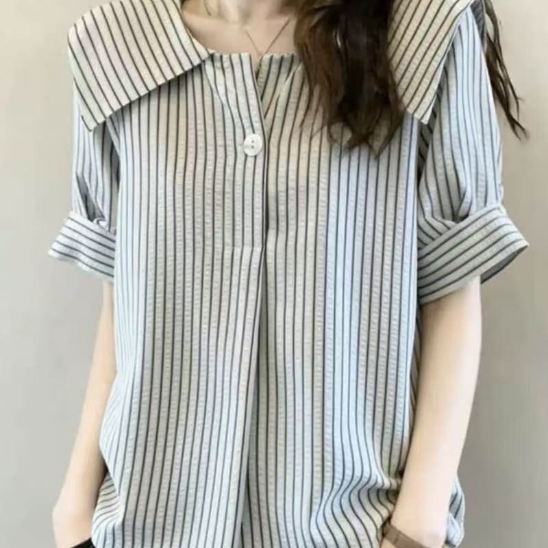반팔 여성 셔츠 2026 여름 새로운 해군 칼라 스트라이프 자이언트 잘 생긴 긍정적 인 어깨 슬림해 보이는 표지 배 빅 사이즈 맨위 이미지 4