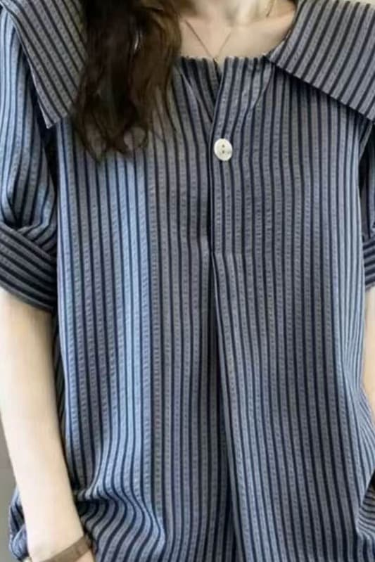 반팔 여성 셔츠 2026 여름 새로운 해군 칼라 스트라이프 자이언트 잘 생긴 긍정적 인 어깨 슬림해 보이는 표지 배 빅 사이즈 맨위 이미지 6