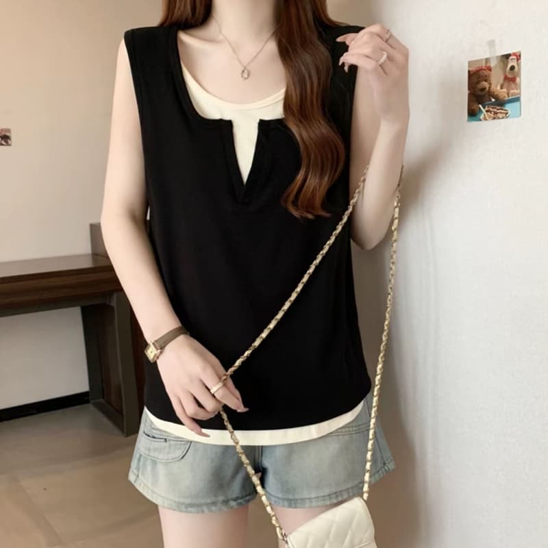 디자인 센스 페이크 레이어드 다용도 슬림해 보이는 조끼 봄 여름 신제품 지방 mm 루즈핏 패치워크 민소매 스택 착용 맨위 여성 이미지 3
