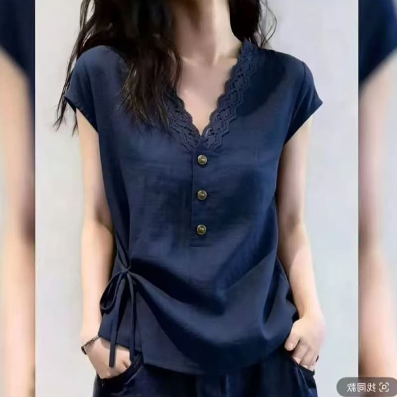 새로운 패션 레이스 셔츠 패치워크 반팔 여성 셔츠 몸매 가꾸기 슬림해 보이는 출퇴근 고급 빛 럭셔리 우아함 작은 셔츠 이미지 4
