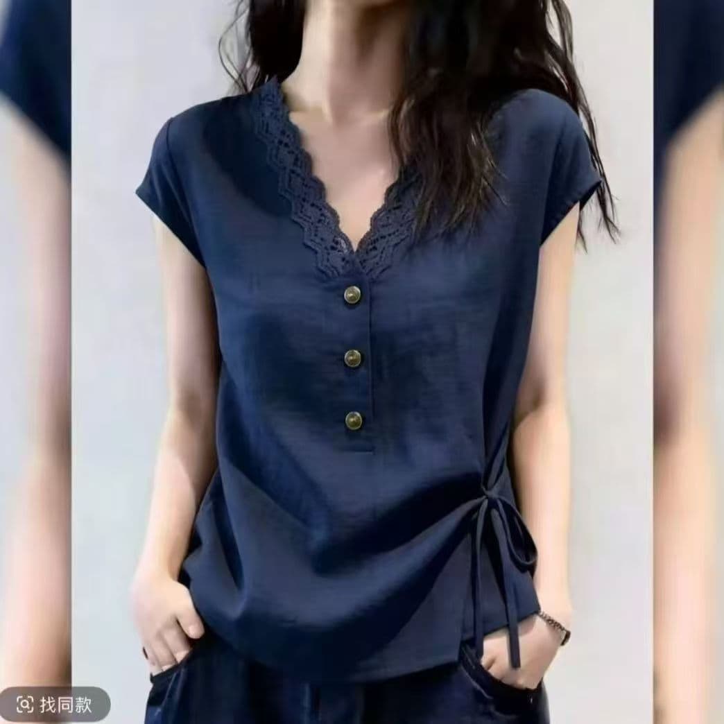 새로운 패션 레이스 셔츠 패치워크 반팔 여성 셔츠 몸매 가꾸기 슬림해 보이는 출퇴근 고급 빛 럭셔리 우아함 작은 셔츠 상세 이미지 8