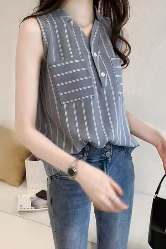 민소매 시폰 셔츠 여성 여름 2026 새로운 디자인 센스 V넥 스트라이프 심장 기계 맨위 외국 가스 조끼 셔츠 트렌디 이미지 6