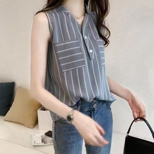 민소매 시폰 셔츠 여성 여름 2026 새로운 디자인 센스 V넥 스트라이프 심장 기계 맨위 외국 가스 조끼 셔츠 트렌디 상세 이미지 1