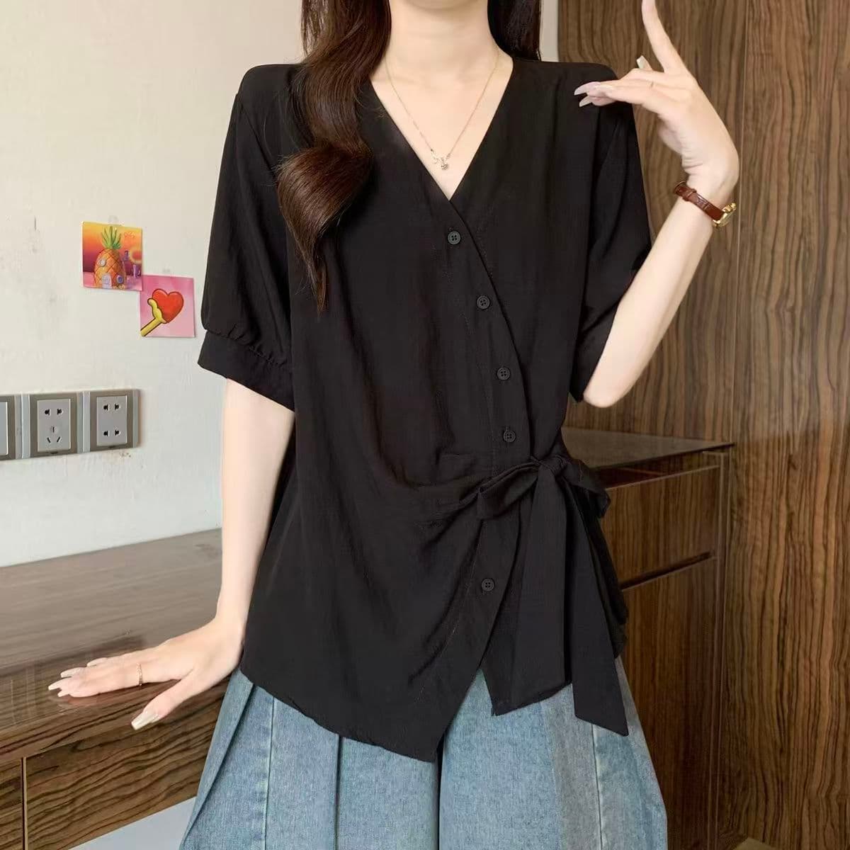 빅 사이즈 루즈핏 다용도 여름 드레스 V넥 반팔 여성 셔츠 2026 새로운 지방 m 슬림해 보이는 연령 감소 허리 수축 고유 한 맨위 상세 이미지 6