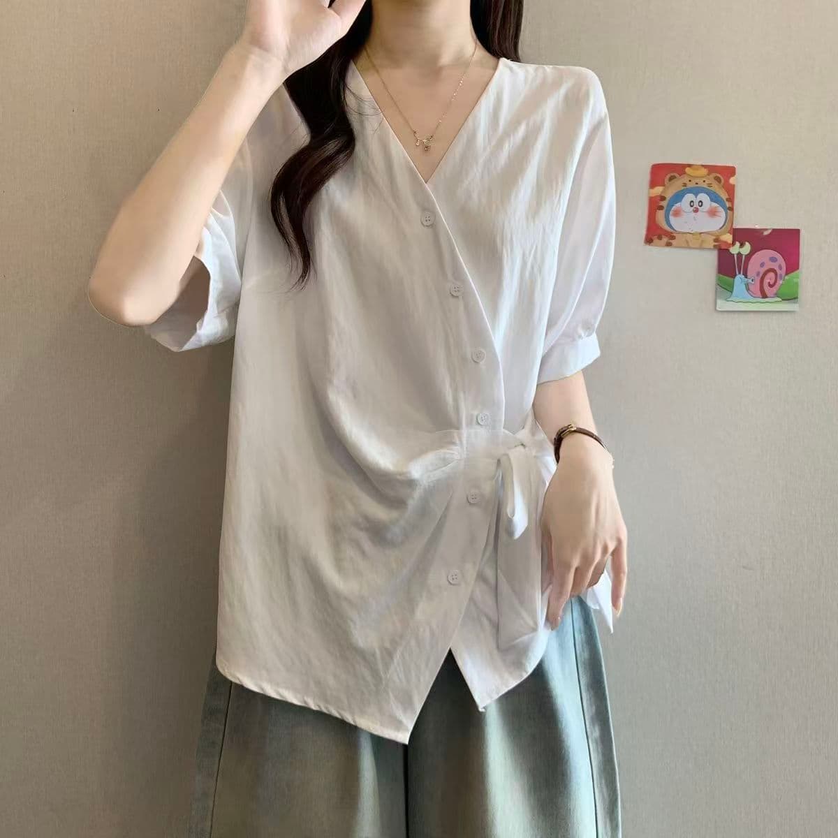빅 사이즈 루즈핏 다용도 여름 드레스 V넥 반팔 여성 셔츠 2026 새로운 지방 m 슬림해 보이는 연령 감소 허리 수축 고유 한 맨위 상세 이미지 12