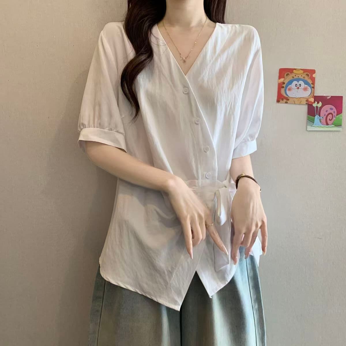 빅 사이즈 루즈핏 다용도 여름 드레스 V넥 반팔 여성 셔츠 2026 새로운 지방 m 슬림해 보이는 연령 감소 허리 수축 고유 한 맨위 상세 이미지 13