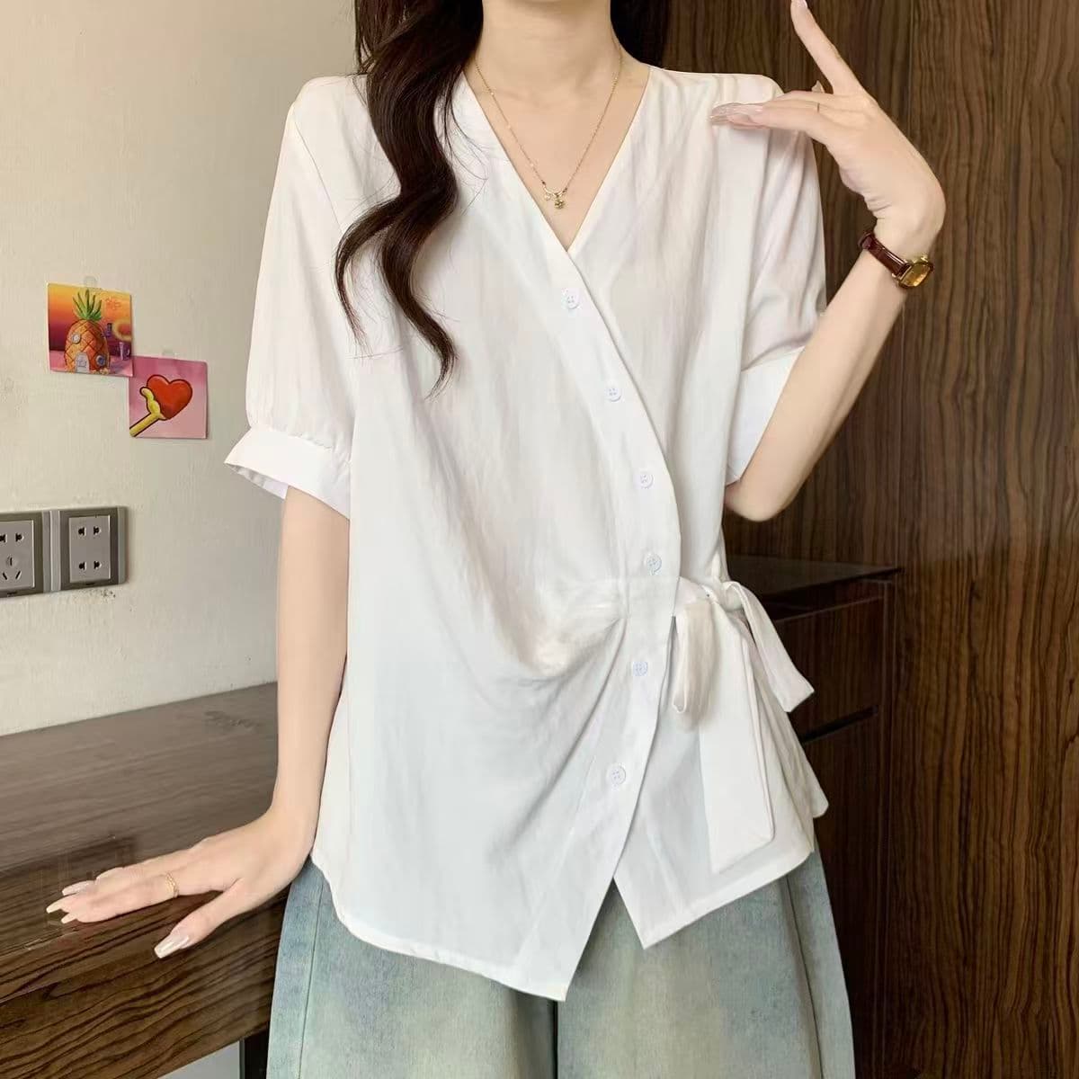 빅 사이즈 루즈핏 다용도 여름 드레스 V넥 반팔 여성 셔츠 2026 새로운 지방 m 슬림해 보이는 연령 감소 허리 수축 고유 한 맨위 상세 이미지 15