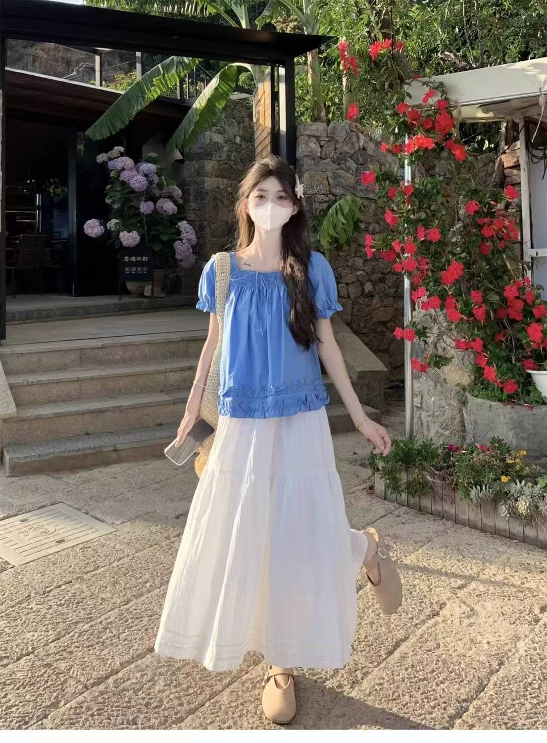 톰 글 래 원인 파란색 반팔 작은 맨위 여성 여름 2026 새로운 도파민 세트 프랑스식 인형 셔츠 화이트 치마 상세 이미지 10
