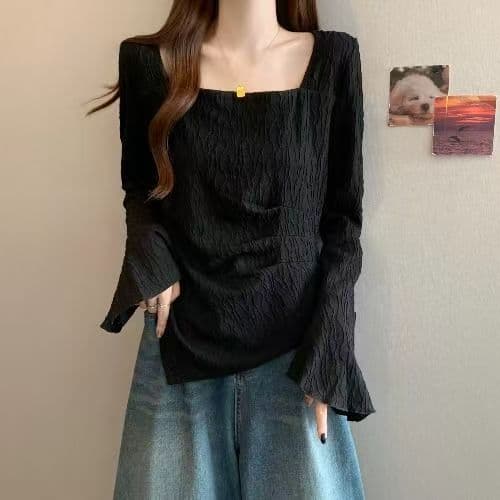 300 근 빅 사이즈 여성 의류 지방 mm Chic 광장 칼라 긴팔 티셔츠 외국 가스 나팔 소매 기본 셔츠 가을 슬림해 보이는 맨위 상세 이미지 5