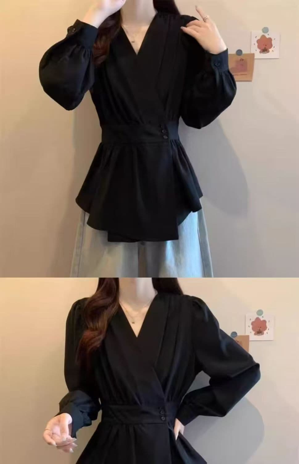 프랑스식 고급 센스 V넥 검정색 여성 셔츠 봄 가을 빅 사이즈 지방 mm 허리 수축 슬림해 보이는 패션 외국 가스 셔츠 맨위 상세 이미지 6